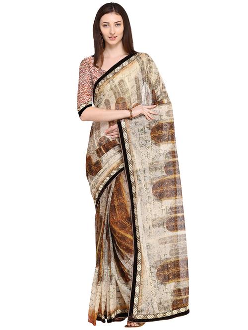 lace border beige printed saree with blouse - 16030492 - Very Small Image - 1