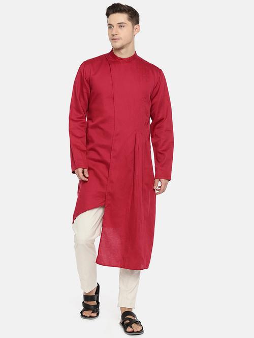 red cotton asymmetric kurta - 16039655 - Very Small Image - 1