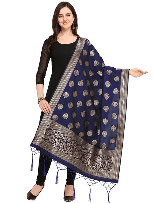 zari motif navy banarasi dupatta - 16041241 - Very Small Image - 1