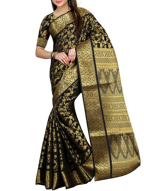 ethnic zari motif black banarasi saree with blouse - 16041370 - Very Small Image - 1