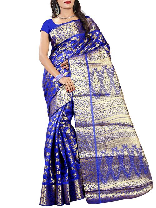 ethnic zari motif blue banarasi saree with blouse - 16041371 - Very Small Image - 1