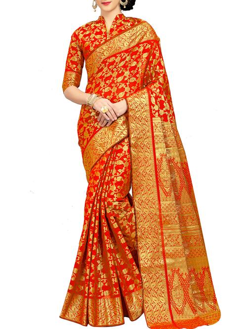 ethnic zari motif orange banarasi saree with blouse - 16041372 - Very Small Image - 1