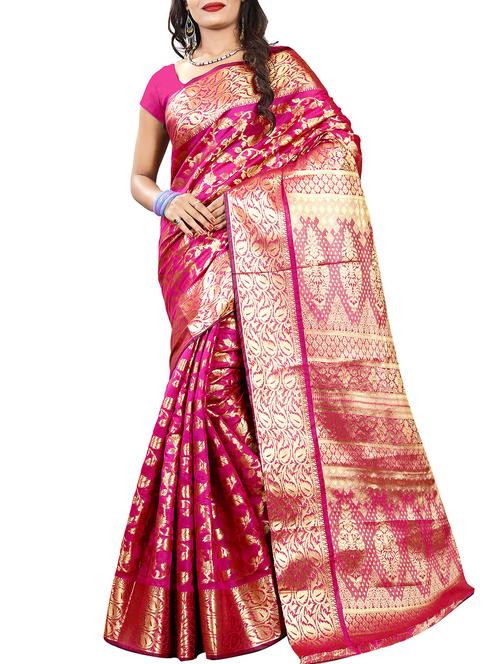 ethnic zari motif pink banarasi saree with blouse - 16041374 - Very Small Image - 1