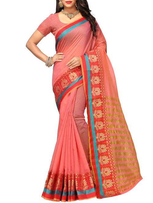 floral zari border peach woven saree with blouse - 16041478 - Very Small Image - 1