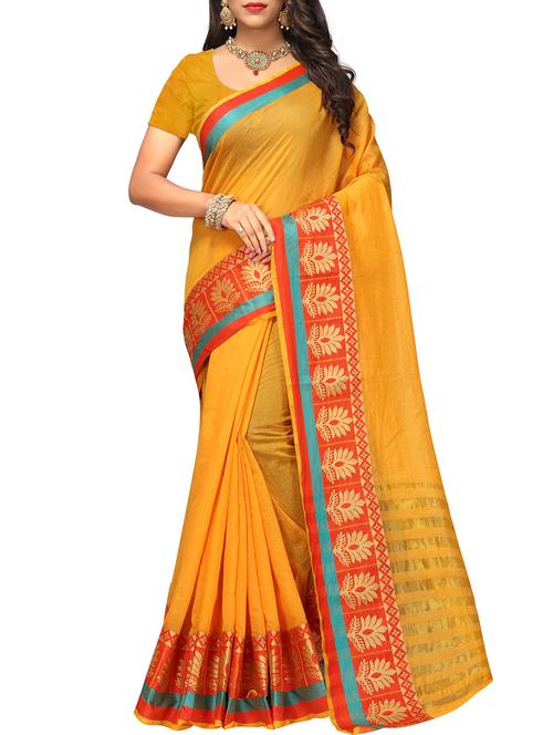 floral zari border yellow woven saree with blouse - 16041479 - Very Small Image - 1