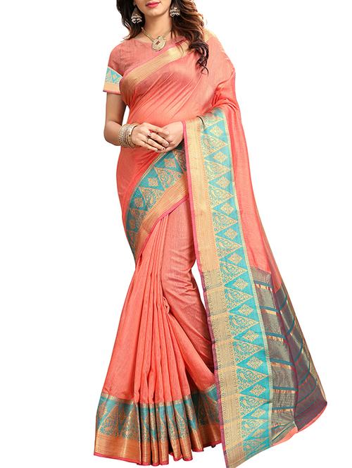 geometrical zari border peach woven saree with blouse - 16041485 - Very Small Image - 1