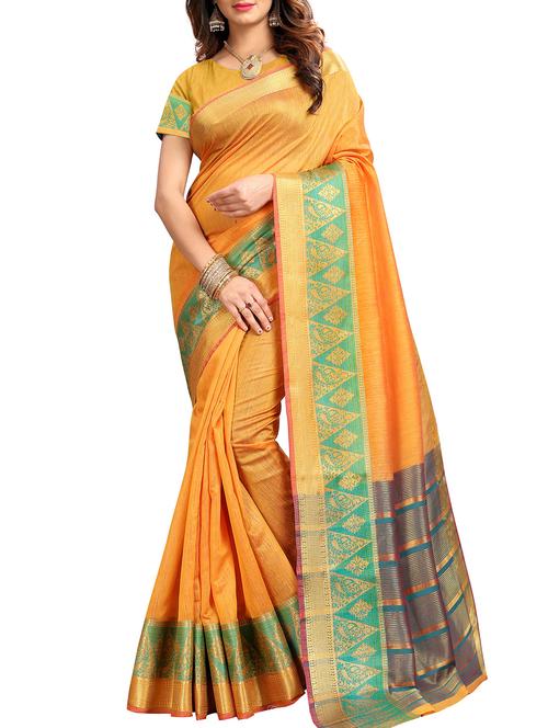 geometrical zari border yellow woven saree with blouse - 16041488 - Very Small Image - 1