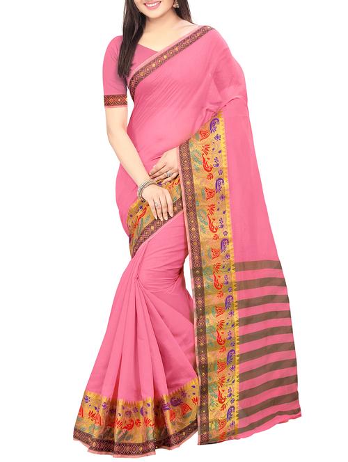 zari border pink woven saree with blouse - 16041496 - Very Small Image - 1