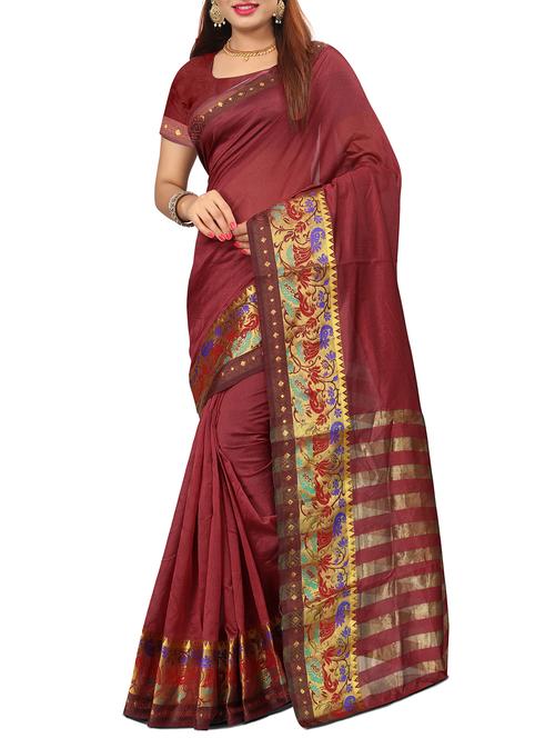 zari border maroon woven saree with blouse - 16041497 - Very Small Image - 1