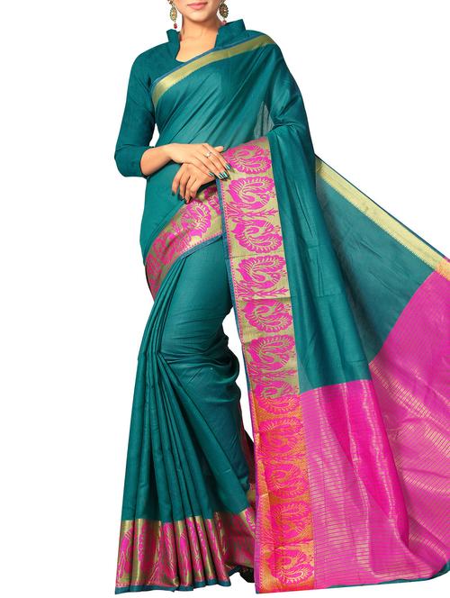 contrast zari border woven saree with blouse - 16041499 - Very Small Image - 1