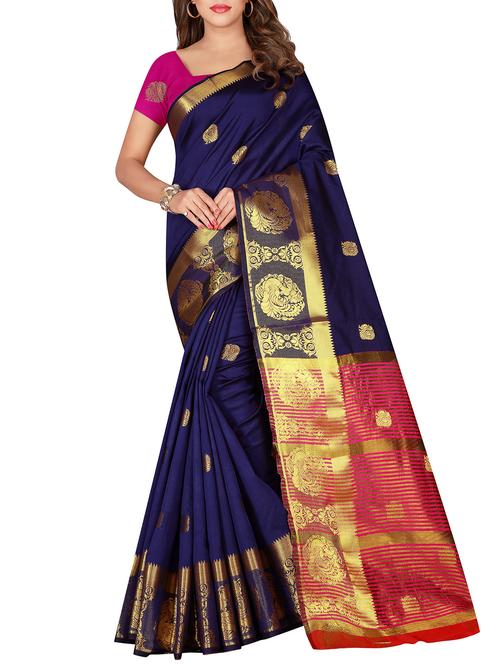 conversational zari motif navy woven saree with blouse - 16041503 - Very Small Image - 1