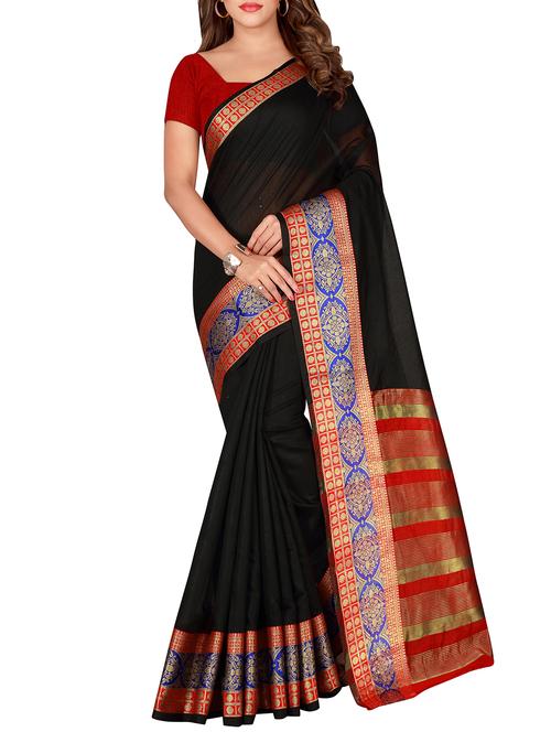floral zari border black woven saree with blouse - 16041510 - Very Small Image - 1