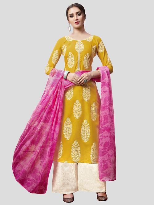 mustard cotton unstitched suit - 16041645 - Very Small Image - 1