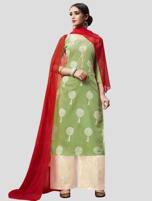 green cotton unstitched suit - 16041647 - Very Small Image - 1