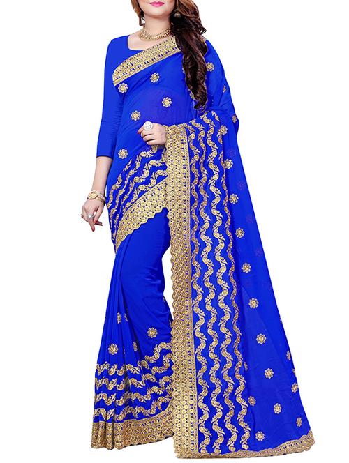 royal blue floral embroidered saree with blouse - 16041847 - Very Small Image - 1