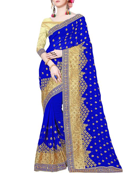 royal blue embroidered saree with blouse - 16041852 - Very Small Image - 1