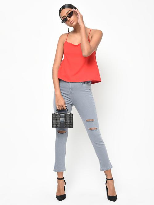 high rise knee slit jeans - 16042141 - Very Small Image - 1