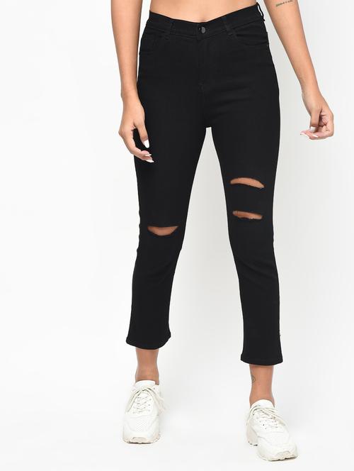 high rise knee slit jeans - 16042151 - Very Small Image - 1