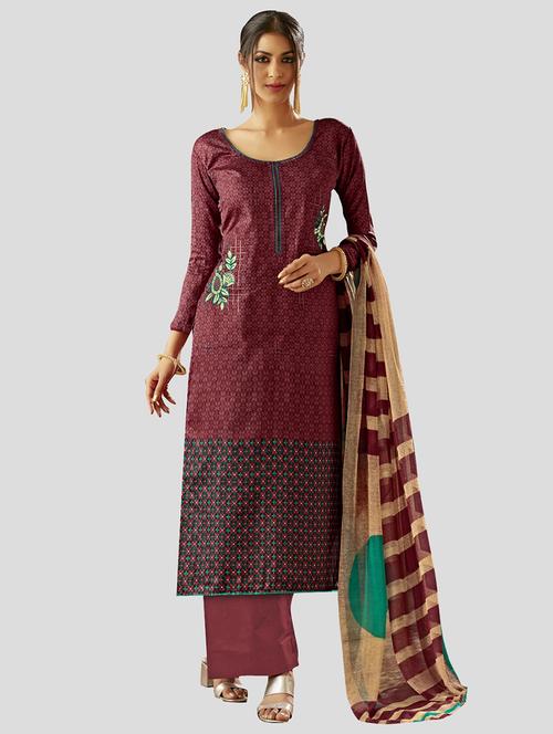 maroon cotton unstitched suit - 16042185 - Very Small Image - 1