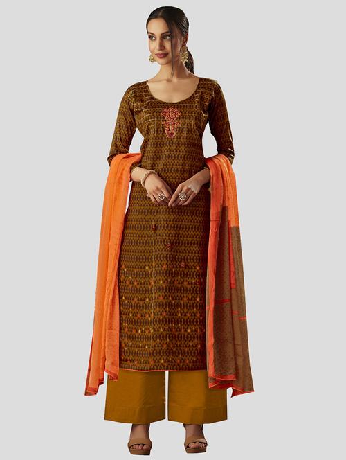 brown cotton unstitched suit - 16042186 - Very Small Image - 1