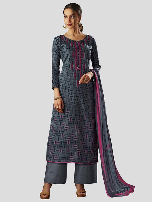 grey cotton unstitched suit - 16042189 - Very Small Image - 1