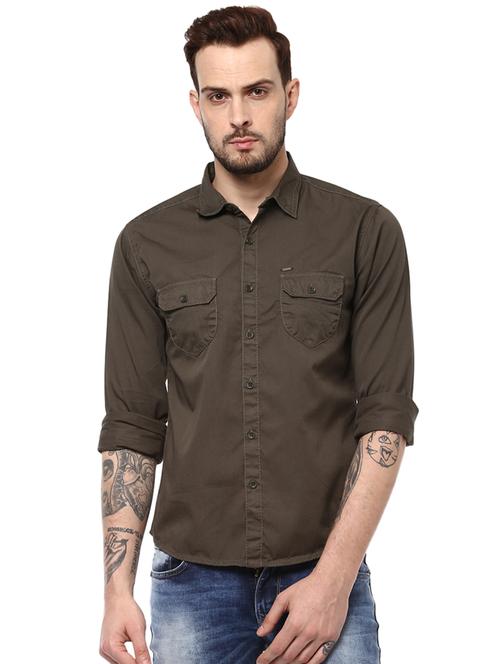 olive green solid casual shirt - 16042982 - Very Small Image - 1