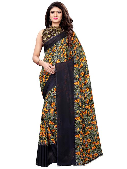 floral navy printed saree with blouse - 16045634 - Very Small Image - 1