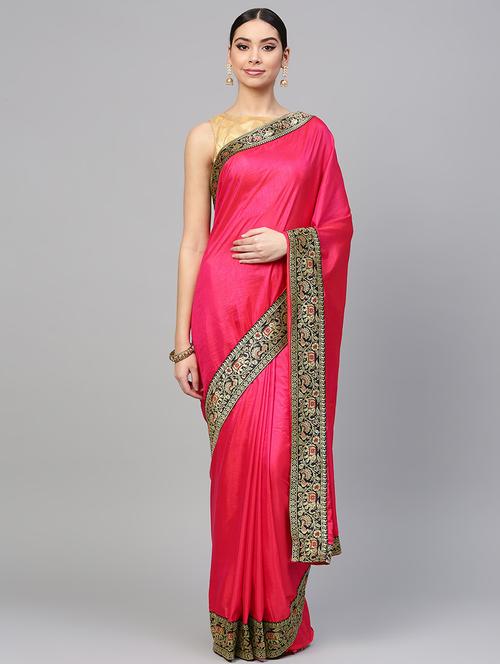 two tone silk blend solid with bordered saree with blouse - 16047532 - Very Small Image - 1