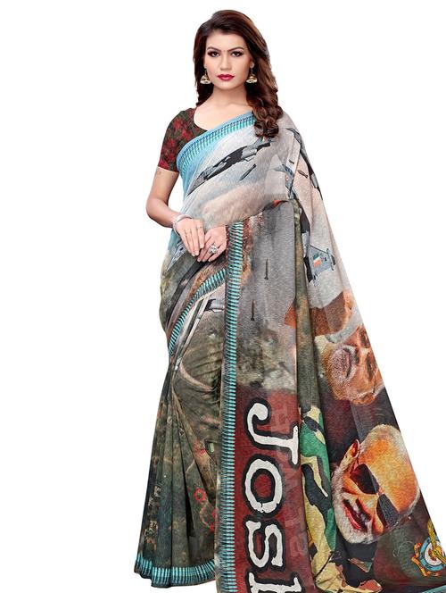 typography printed saree with blouse - 16048450 - Very Small Image - 1
