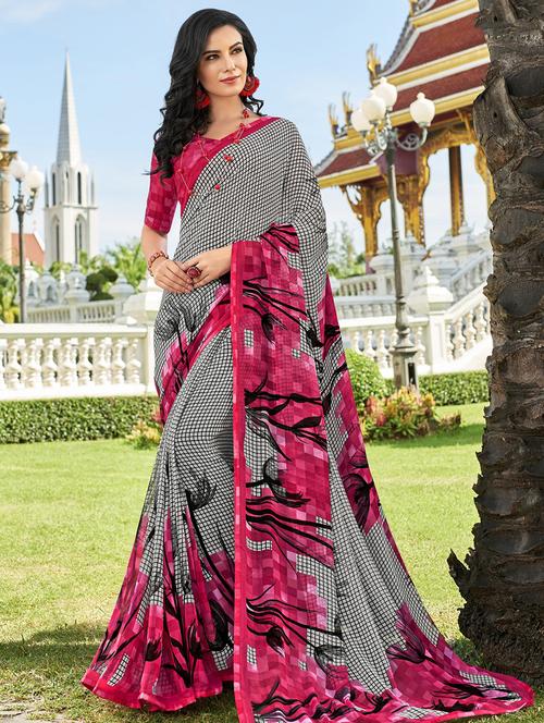 checkered printed saree with blouse - 16048472 - Very Small Image - 1