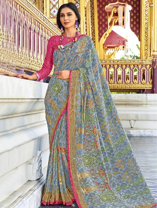 ethnic motifs grey printed saree with blouse - 16048476 - Very Small Image - 1