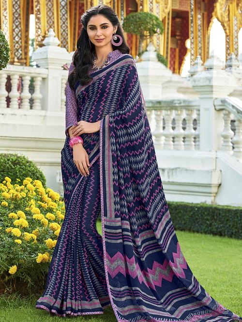 chevron printed saree with blouse - 16048480 - Very Small Image - 1