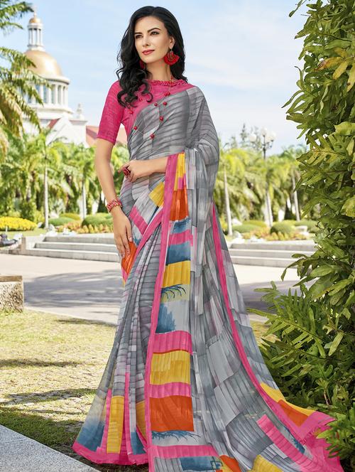 striped printed saree with blouse - 16048486 - Very Small Image - 1
