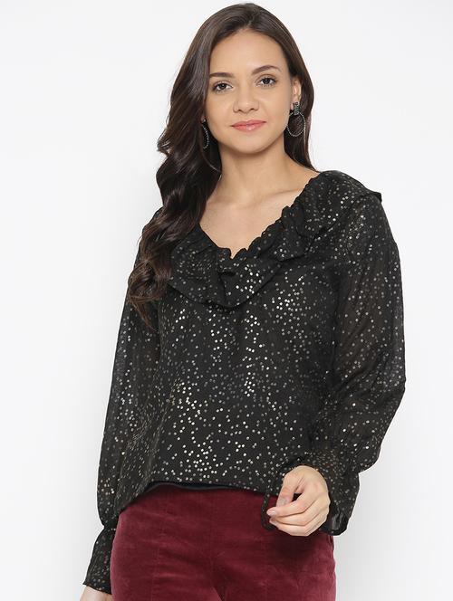 ruffle detail gold print top - 16050117 - Very Small Image - 1