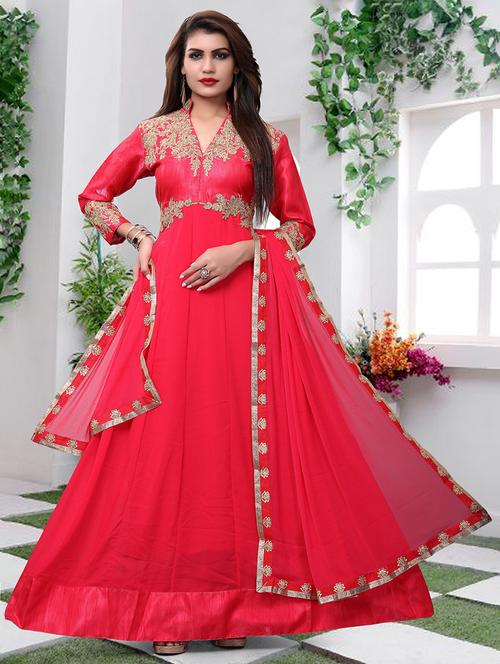 embroidered a-line semi-stitched suit - 16050328 - Very Small Image - 1