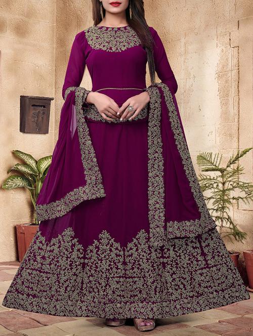 embroidered a-line semi-stitched suit - 16050334 - Very Small Image - 1