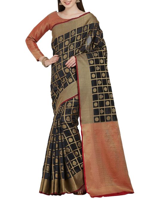 checkered zari motif banarasi saree with blouse - 16051569 - Very Small Image - 1
