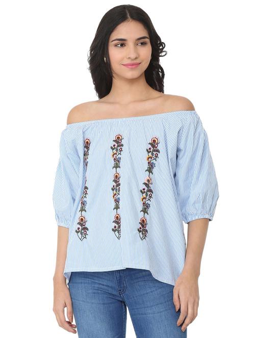 striped embroidered off shoulder top - 16052109 - Very Small Image - 1
