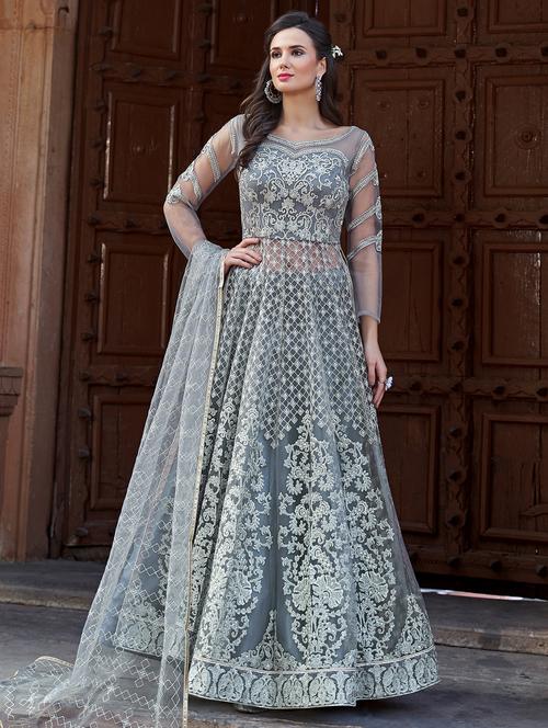 embroidered a-line semi-stitched suit - 16052275 - Very Small Image - 1