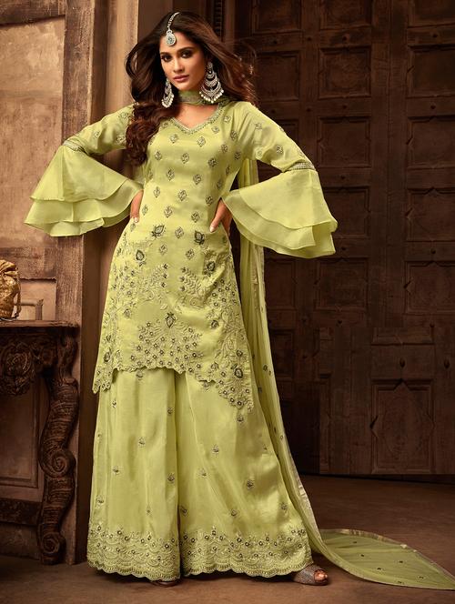 embroidered sharara semi-stitched suit - 16052287 - Very Small Image - 1