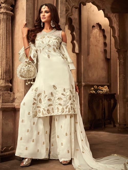 embroidered sharara semi-stitched suit - 16052291 - Very Small Image - 1