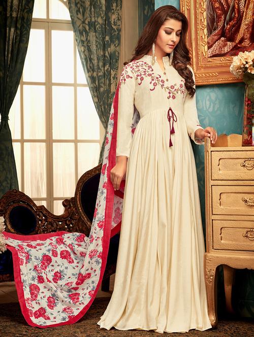 embroidered semi-stitched flared suit - 16052301 - Very Small Image - 1