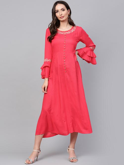 a-line embroidered bell sleeves dress - 16052412 - Very Small Image - 1