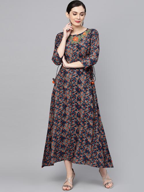 embroidered printed dress with drawstring - 16052430 - Very Small Image - 1