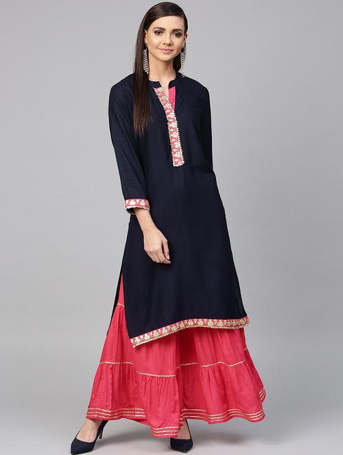 gota work solid kurta with tiered sharara set - 16052464 - Very Small Image - 1