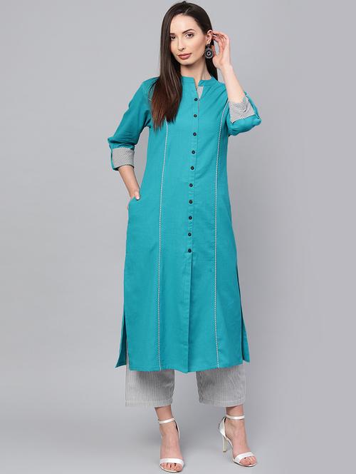 piping detail solid kurta with stripes palazzo set - 16052482 - Very Small Image - 1