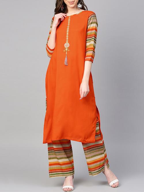 embroidered kurta with stripes palazzo set - 16052508 - Very Small Image - 1