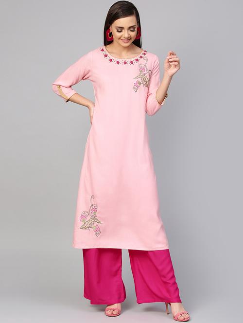 embroidered kurta with fuchsia palazzo set - 16052512 - Very Small Image - 1