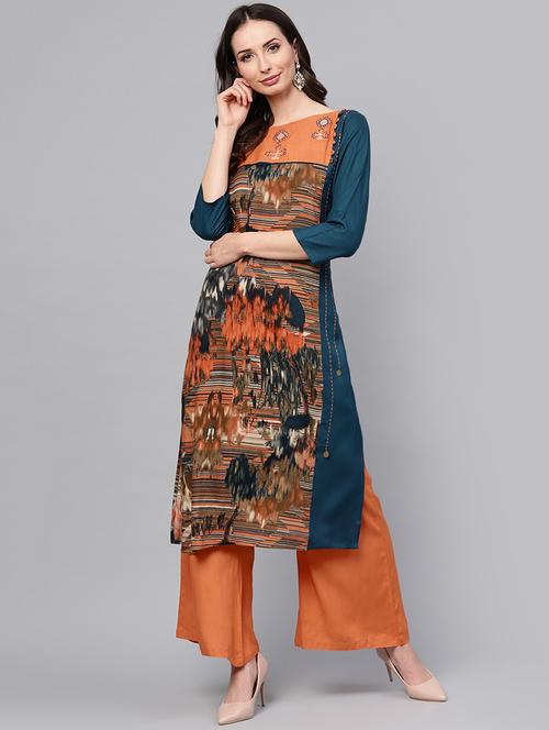 abstract print kurta with palazzo set - 16052517 - Very Small Image - 1