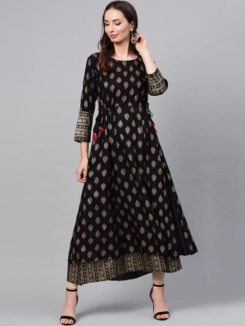 foil print layered kurta - 16052534 - Very Small Image - 1